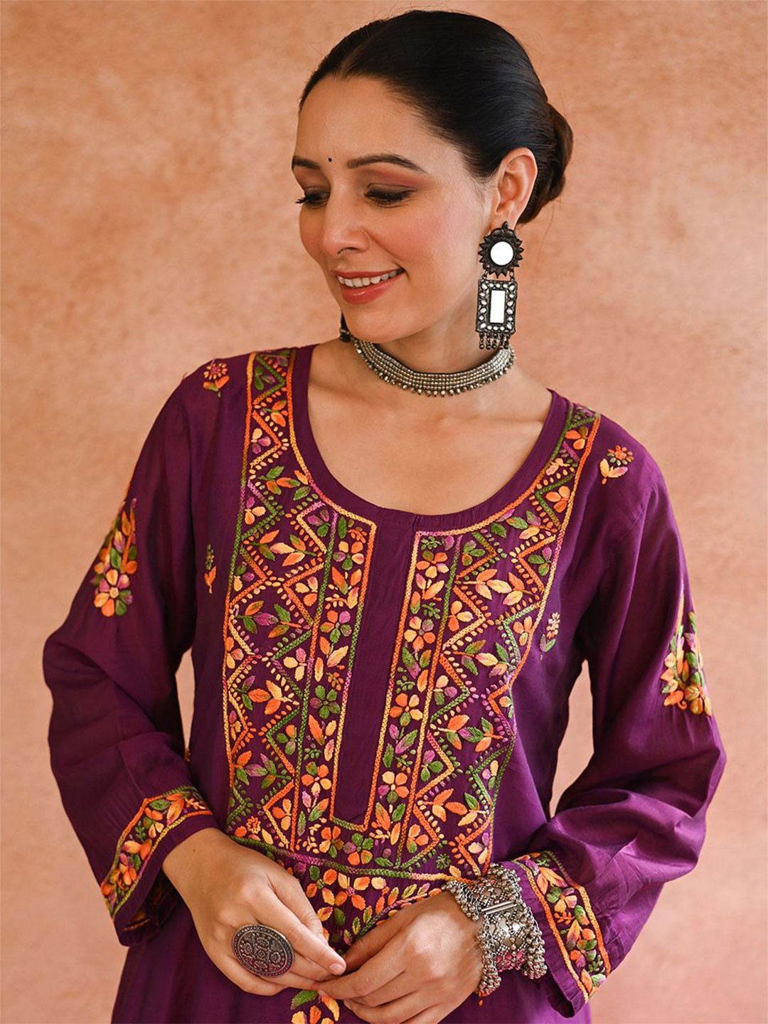 

House of Chikankari Floral Embroidered Chanderi Cotton Straight Kurta with Trousers, Purple