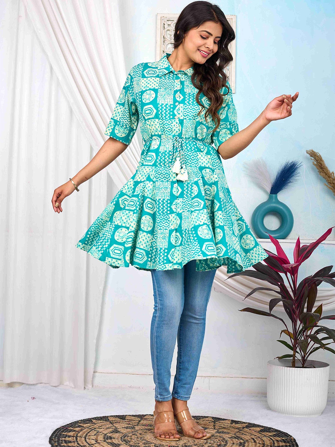 

MissKurti Ethnic Motifs Printed Cotton A-Line Fit & Flare Belted Ethnic Dresses, Sea green