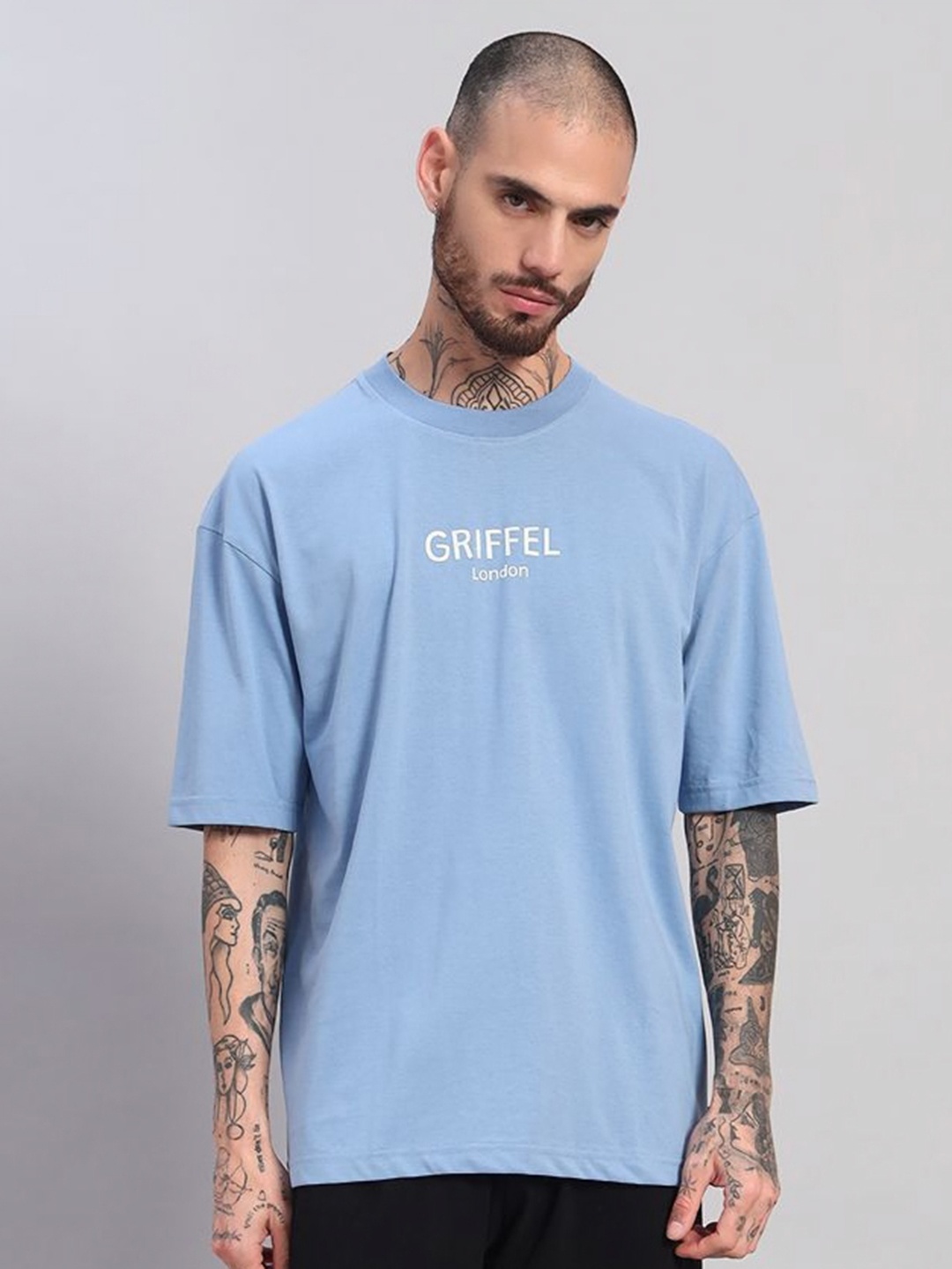 

GRIFFEL Men Printed Drop-Shoulder Sleeves Ultralite T-shirt, Turquoise blue