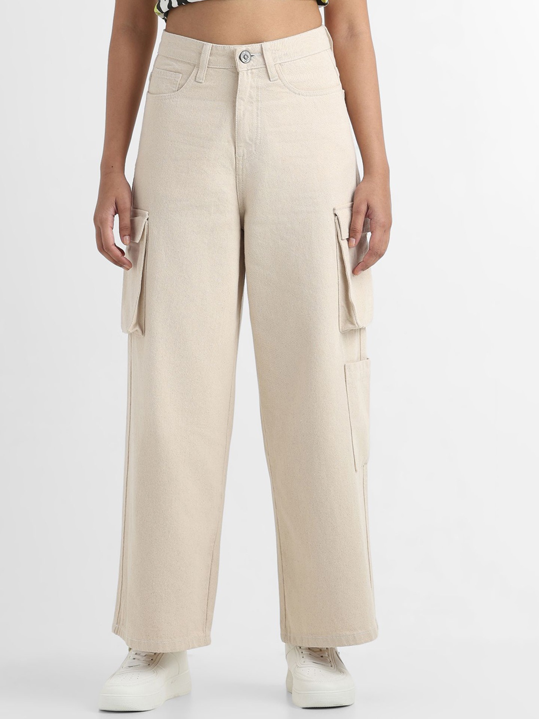 

YUVAKAA Women Clean Look Wide Leg Cargo Styles Cotton Jeans, Beige