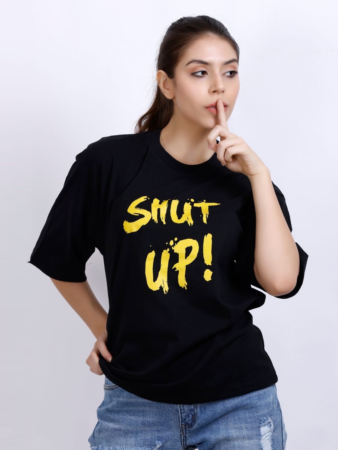

MX Miazi Xchange Women Typography Printed Pockets T-shirt, Black