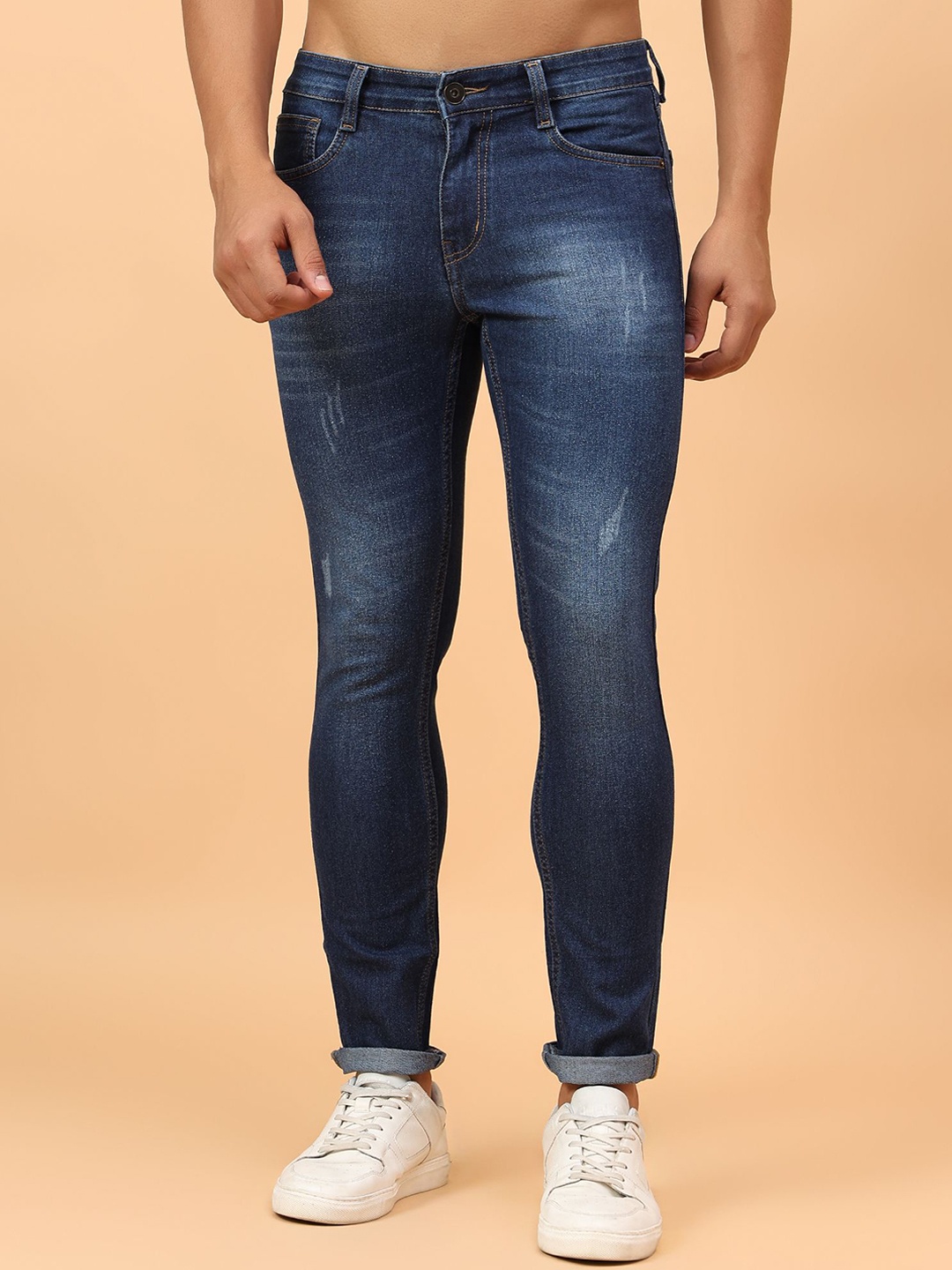 

Mast & Harbour Men Micheal Slim Fit Mildly Distressed Light Fade Stretchable Jeans, Navy blue