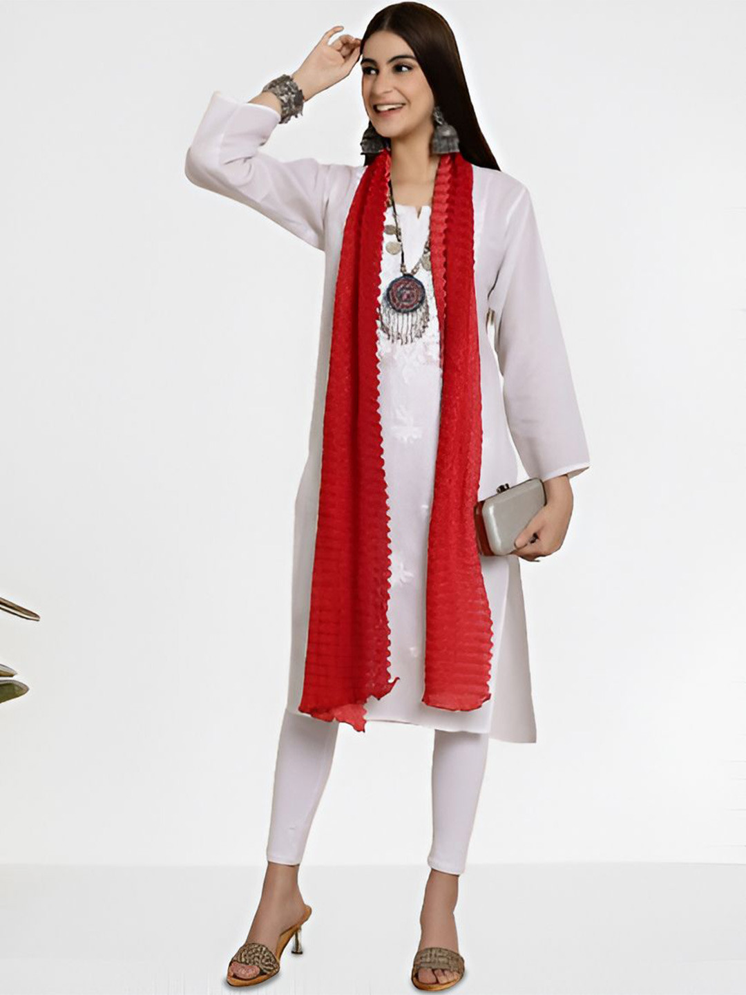 

LOOM LEGACY Geometric Woven Design Dupatta, Red