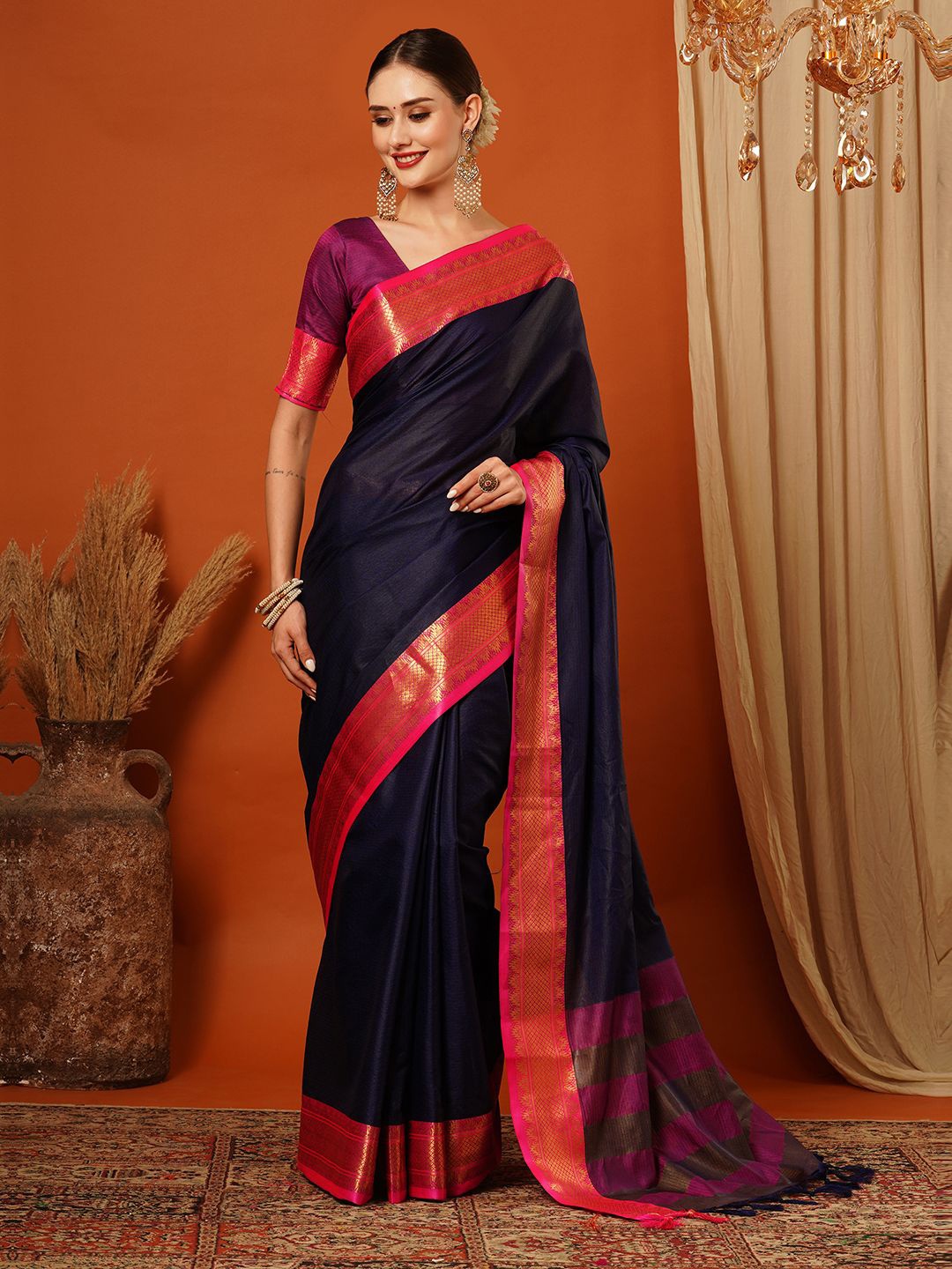 

SILKWEAR Zari Mysore Silk Saree, Navy blue