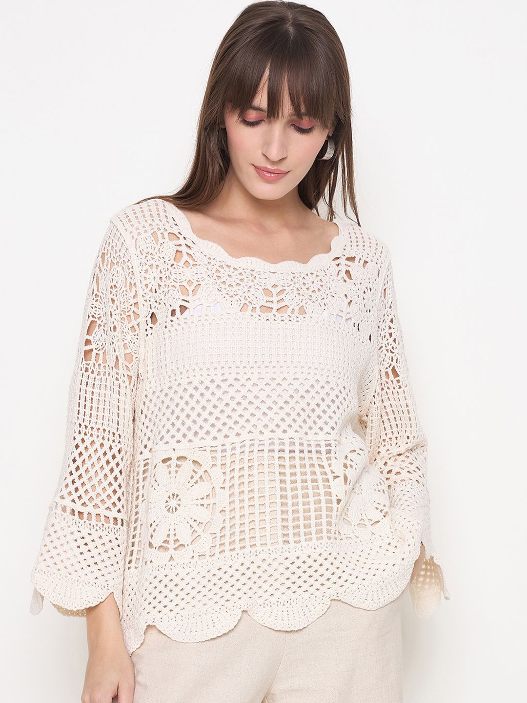 

Madame Round Neck Crochet Cotton Top, Beige