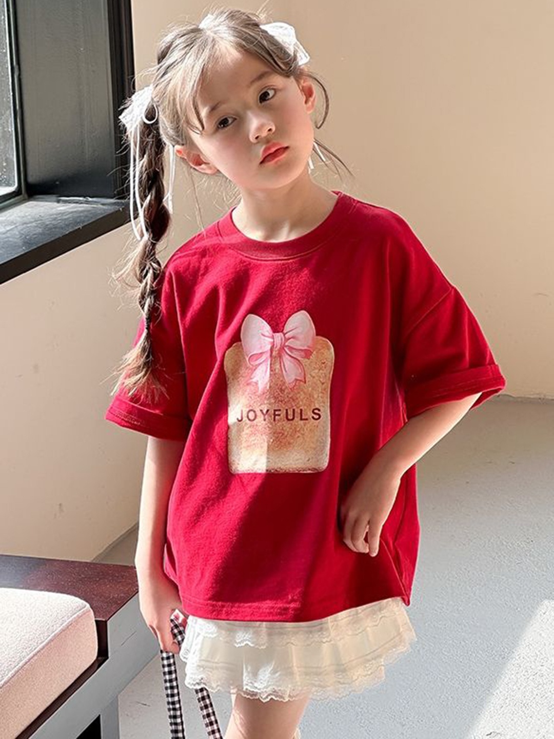 

LULU & SKY Girls Striped Pure Cotton Applique T-shirt, Red
