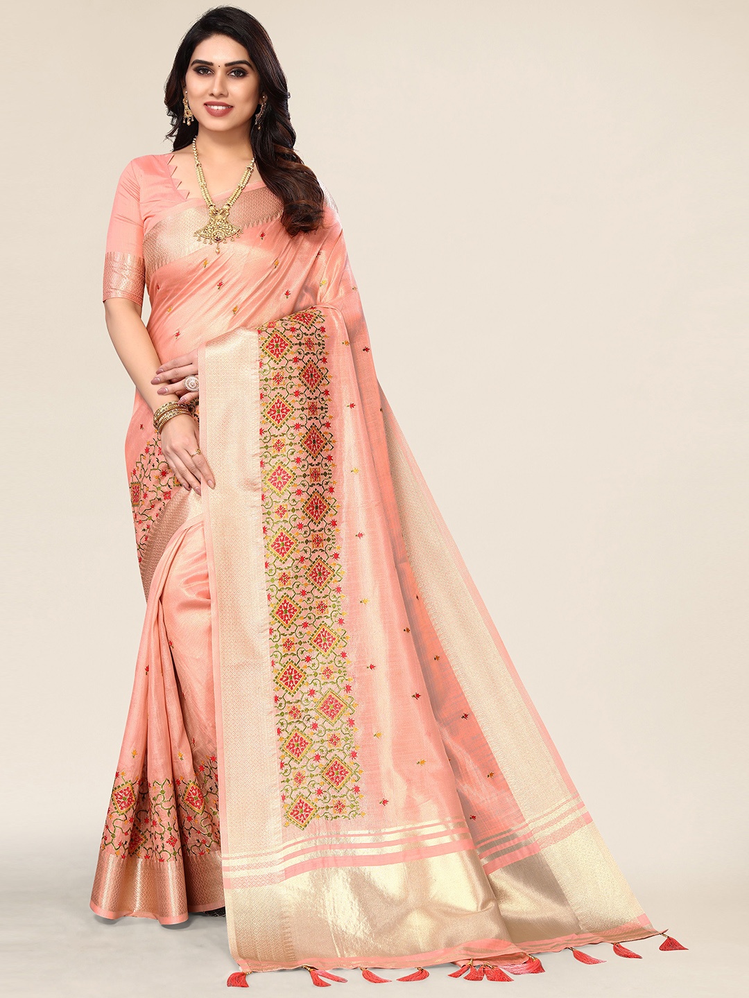 

VIRENDRA TEXTILES Ethnic Motifs Embroidered Pure Cotton Saree, Red