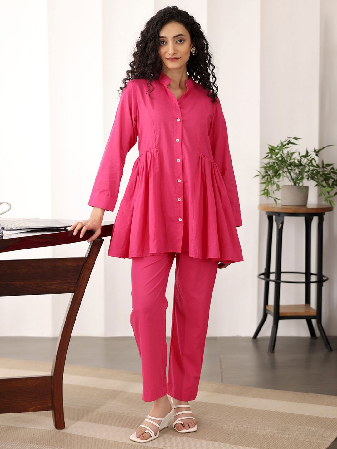 

Ambraee Mandarin Collar Pure Cotton A-Line Tunic With Trouser Co-Ords Set, Pink