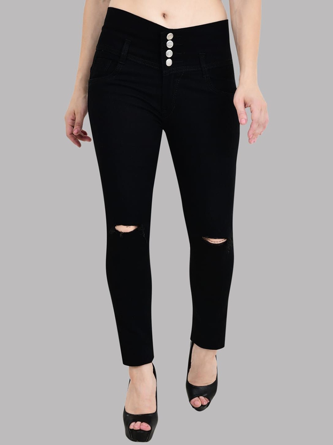 

LINARIA Women Classic Slim Fit Slash Knee Cotton Jeans, Black