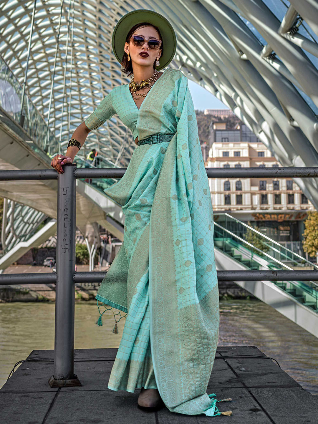 

DEVATITHI Woven Design Zari Green Katan Silk Saree