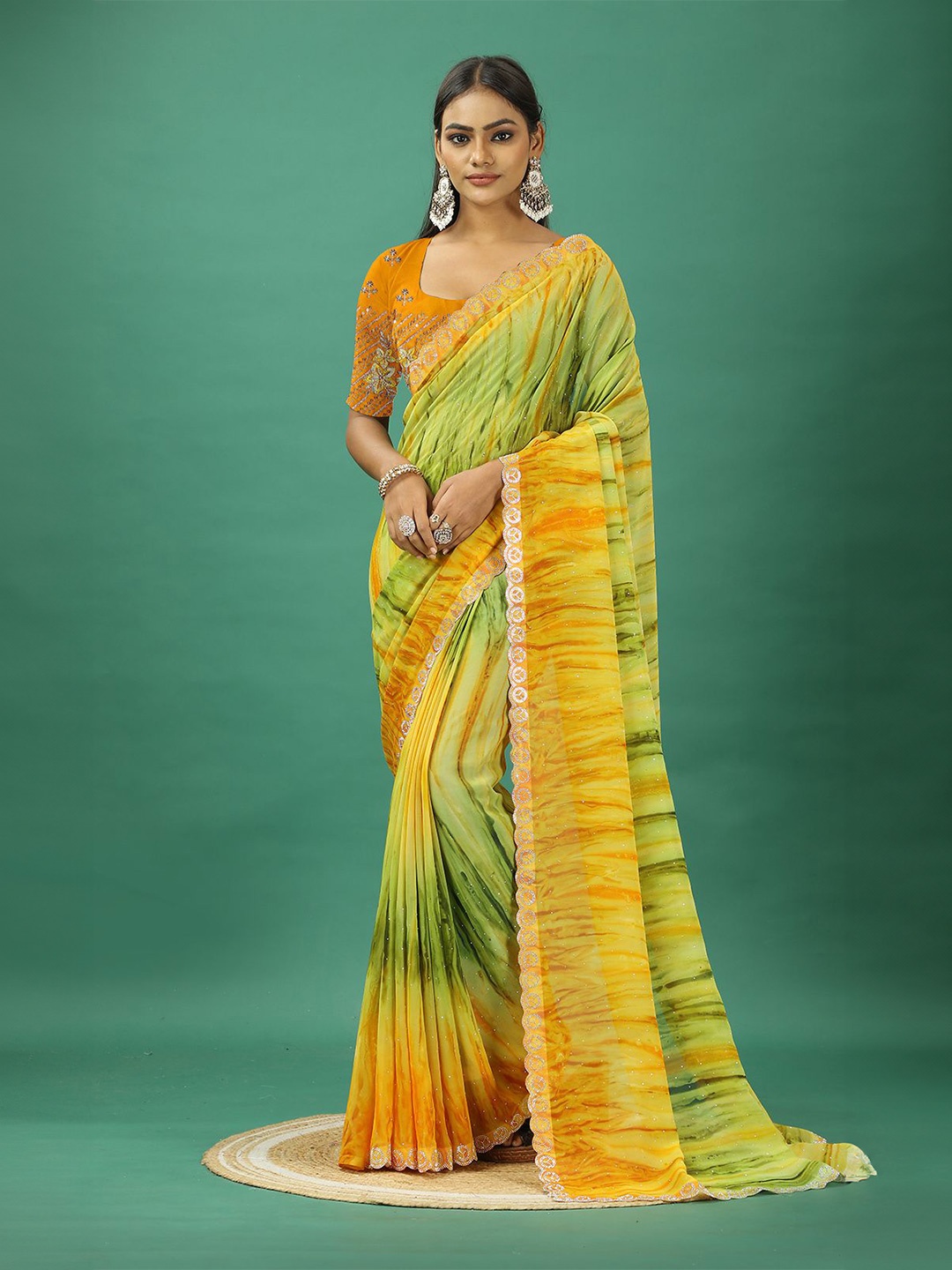 

VIRENDRA TEXTILES Beads and Stones Embellished Pure Georgette Saree, Yellow