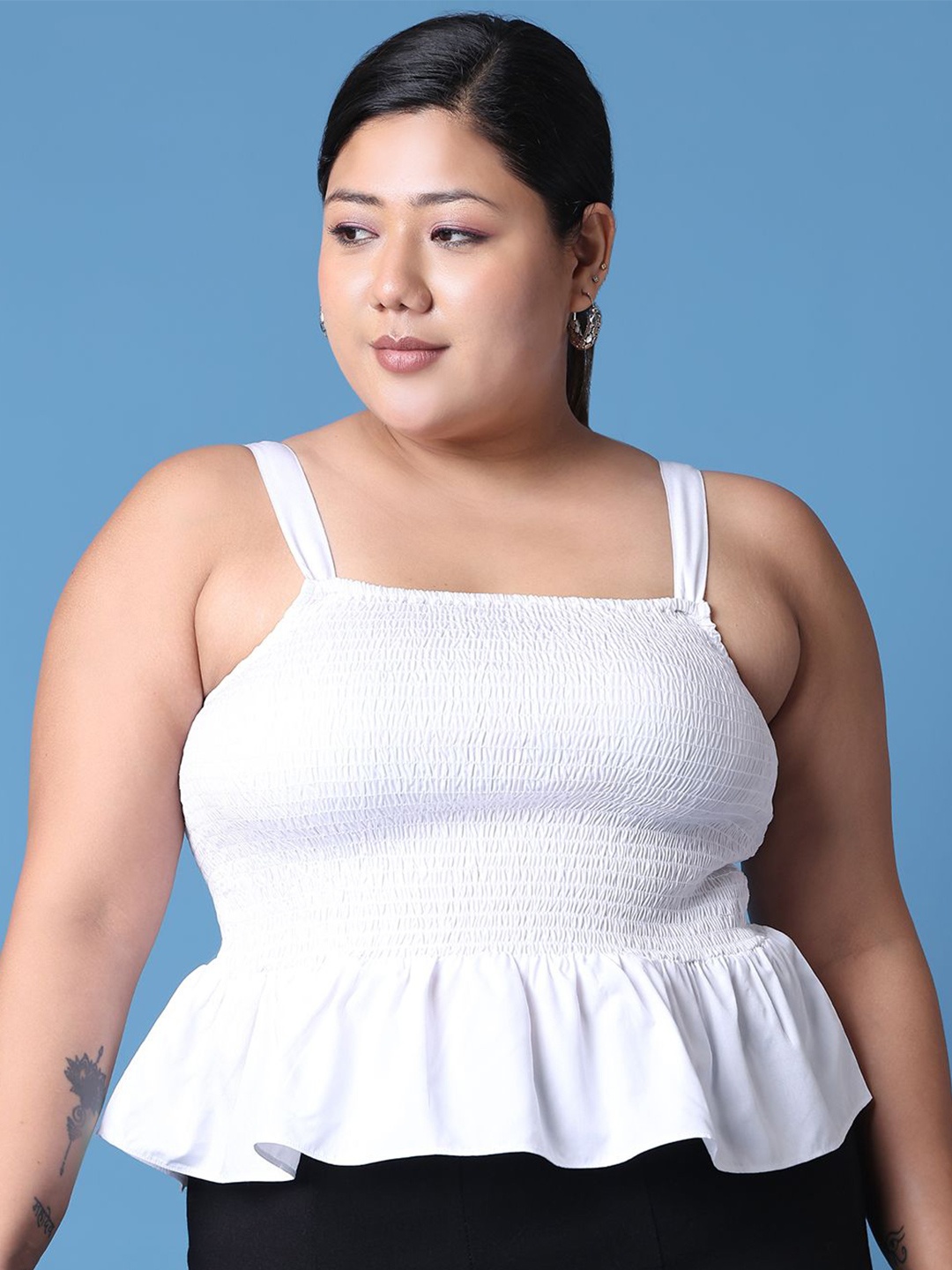 

theRebelinme Women Shoulder Straps Plus Size Peplum Top, White