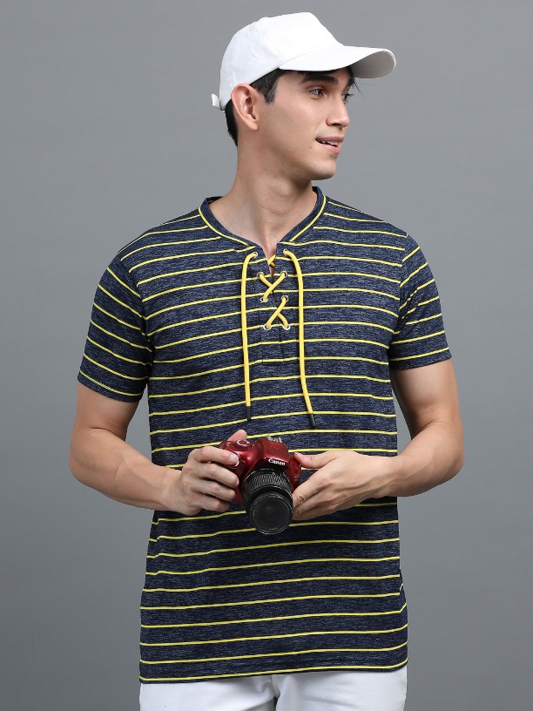 

BLUE ARC Men Striped V-Neck T-shirt, Yellow