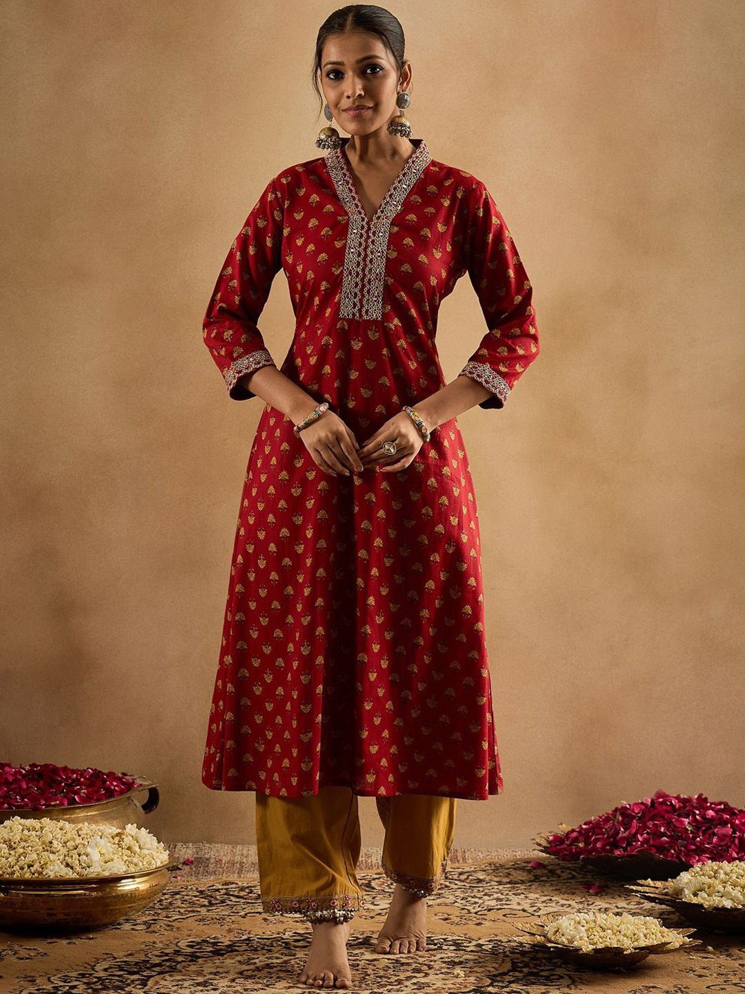 

Indo Era Ethnic Motifs Printed Mirror Work Pure Cotton A-Line Kurta, Red