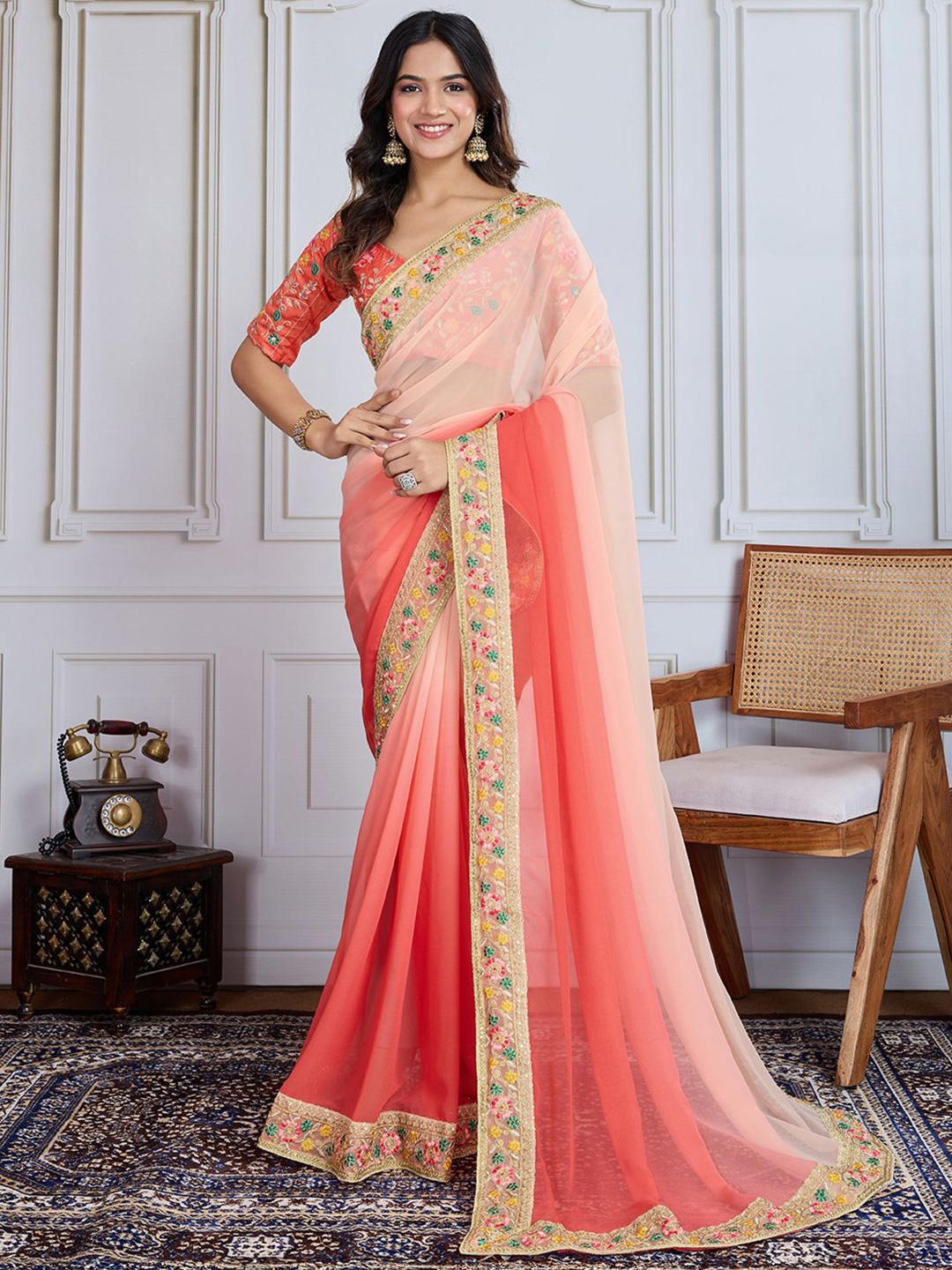 

House of Pataudi Embroidered Border Saree With Blouse Piece, Peach