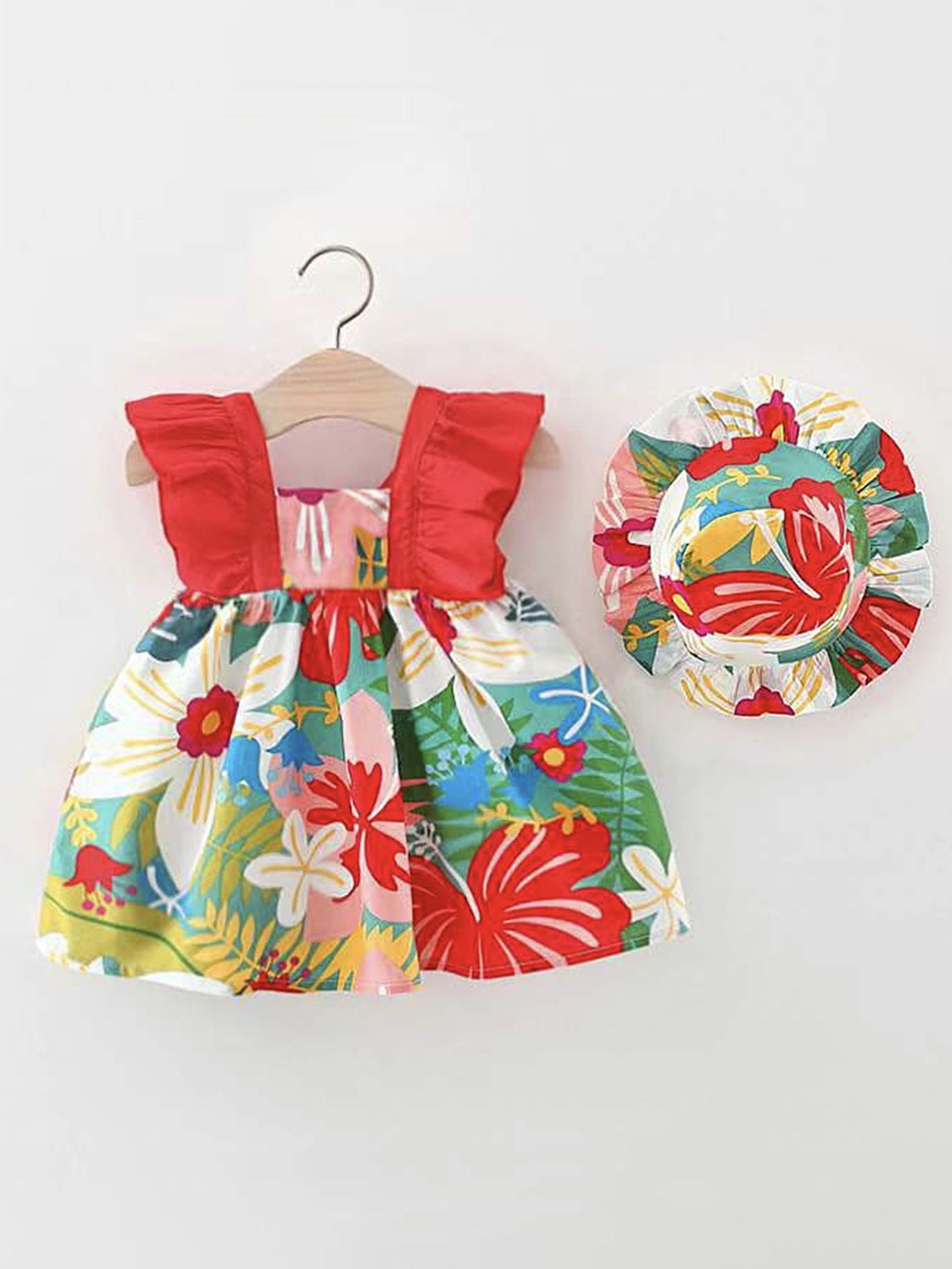 

LULU & SKY Girls Floral Printed Fit & Flare Dress With Hat, Red