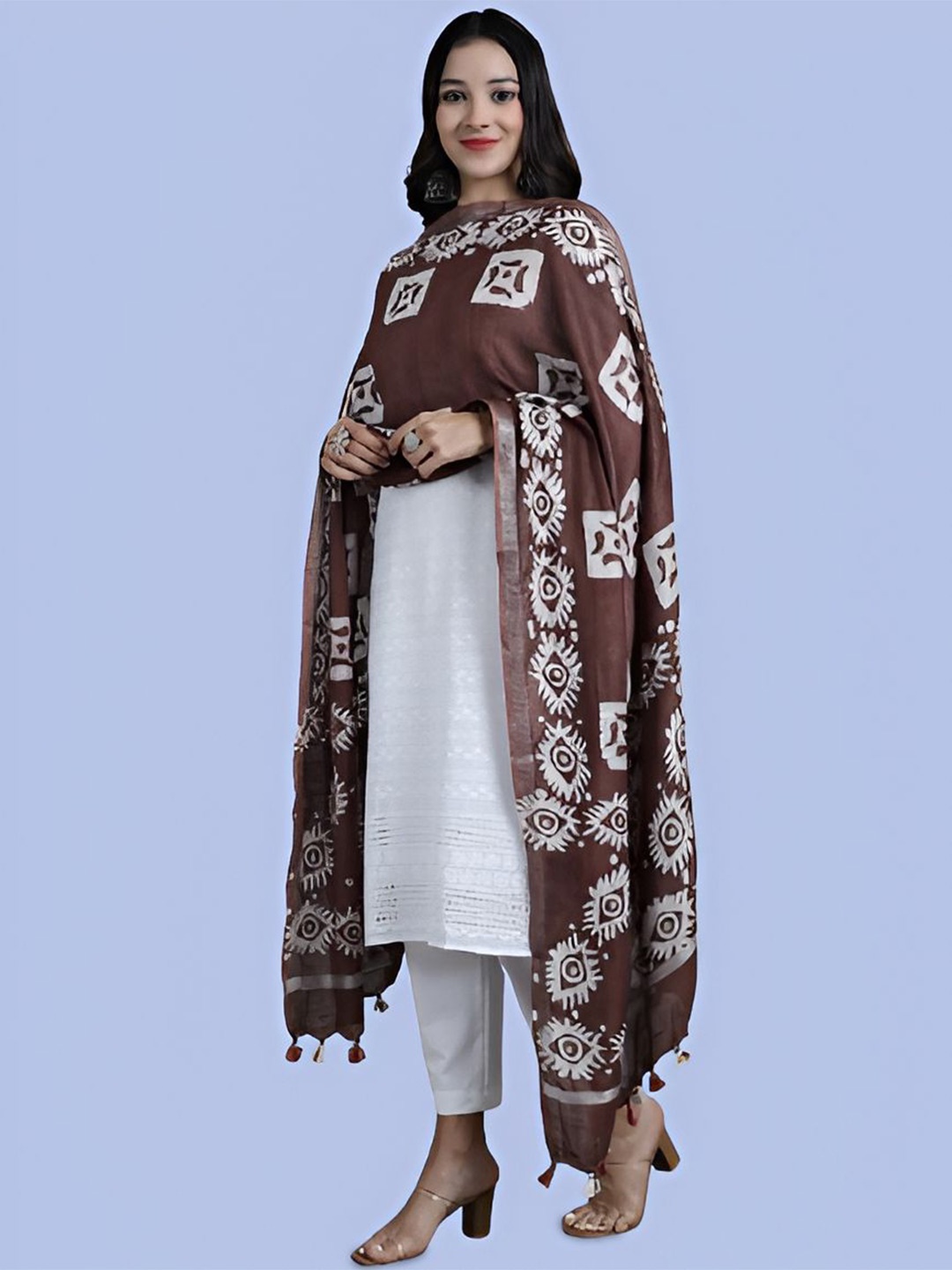 

LOOM LEGACY Ethnic Motifs Block Printed Cotton Silk Dupatta, Brown