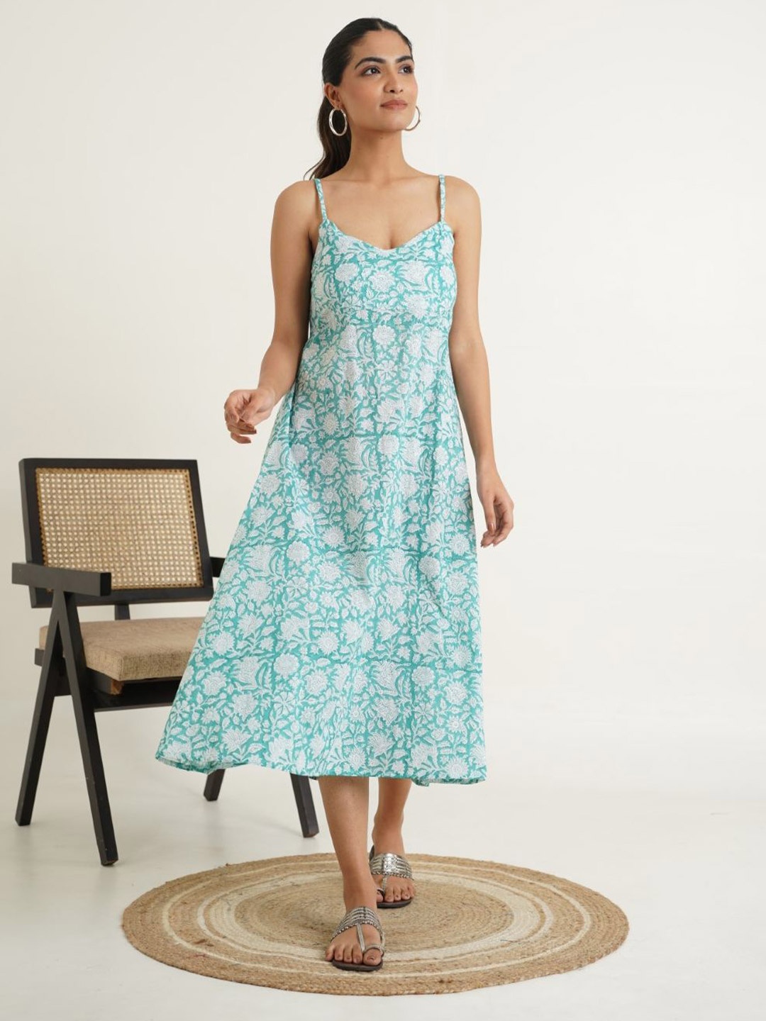 

GOODHAND Floral Printed Cotton A-Line Midi Dress, Blue