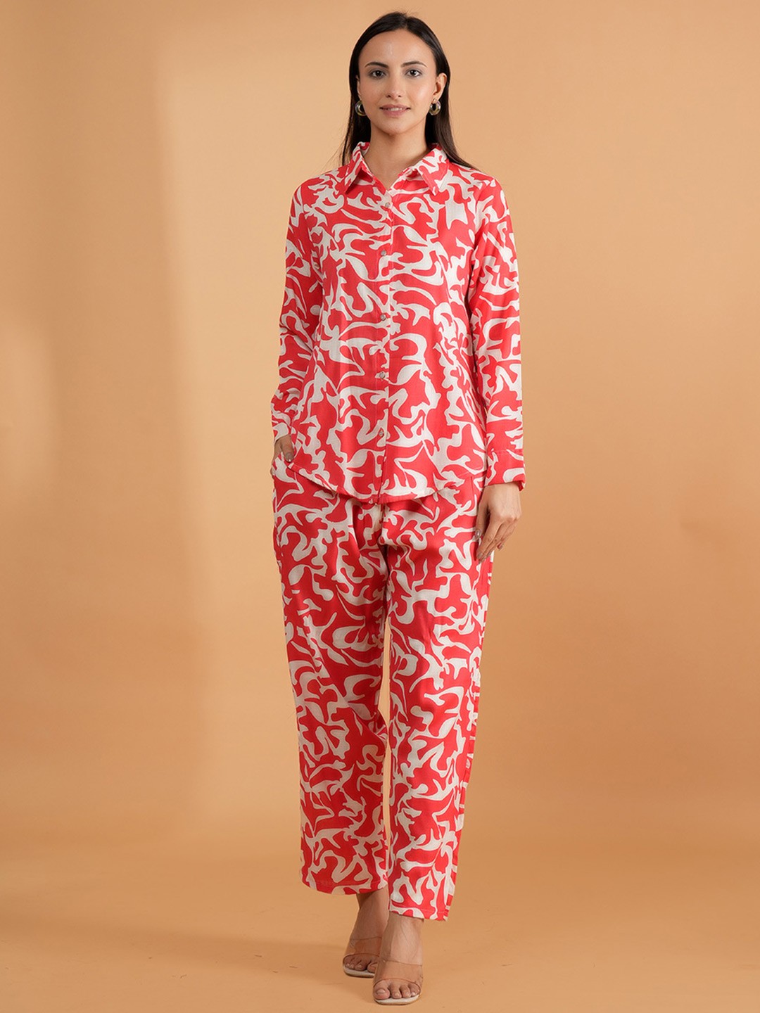 

Dreambe Printed Long Sleeves Shirt With Trousers, Red