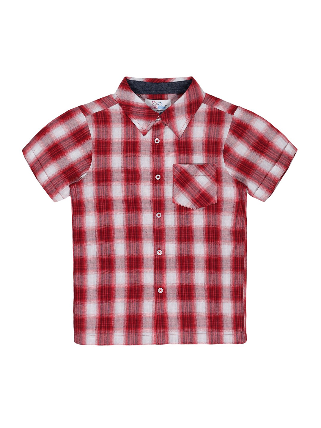 

YOUNG BIRDS Boys Spread Collar Checked Cotton Casual Shirt, Red