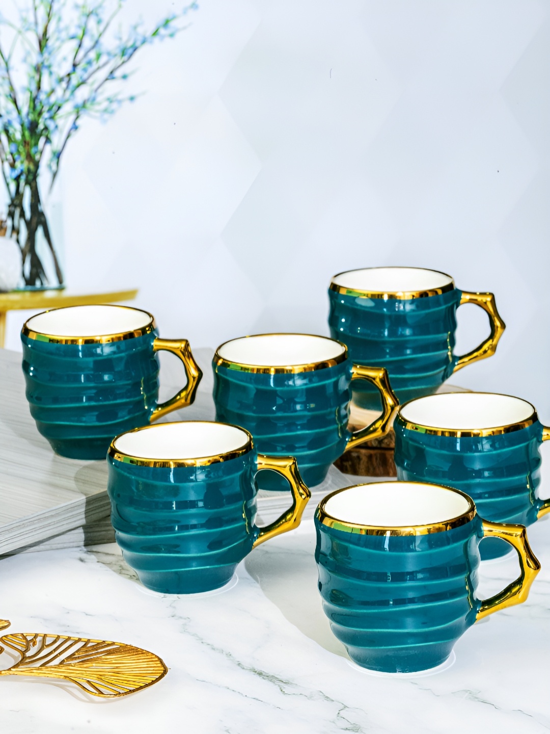 

Roxx Green And Gold Toned 6 Pieces Textured Porcelain Dishwasher Safe Glossy Mugs 180 ml