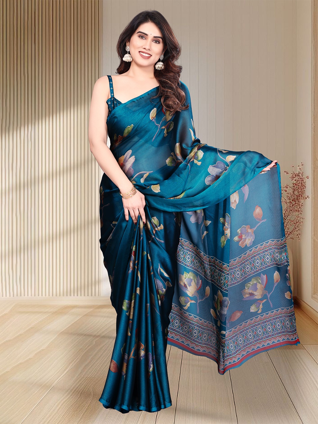 

SUPERLAXMI Floral Printed Pure Chiffon Saree, Teal
