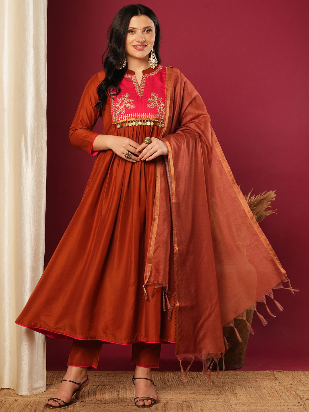 

KALINI Floral Yoke Design Sequinned Anarkali Kurta with Trousers & Dupatta, Rust