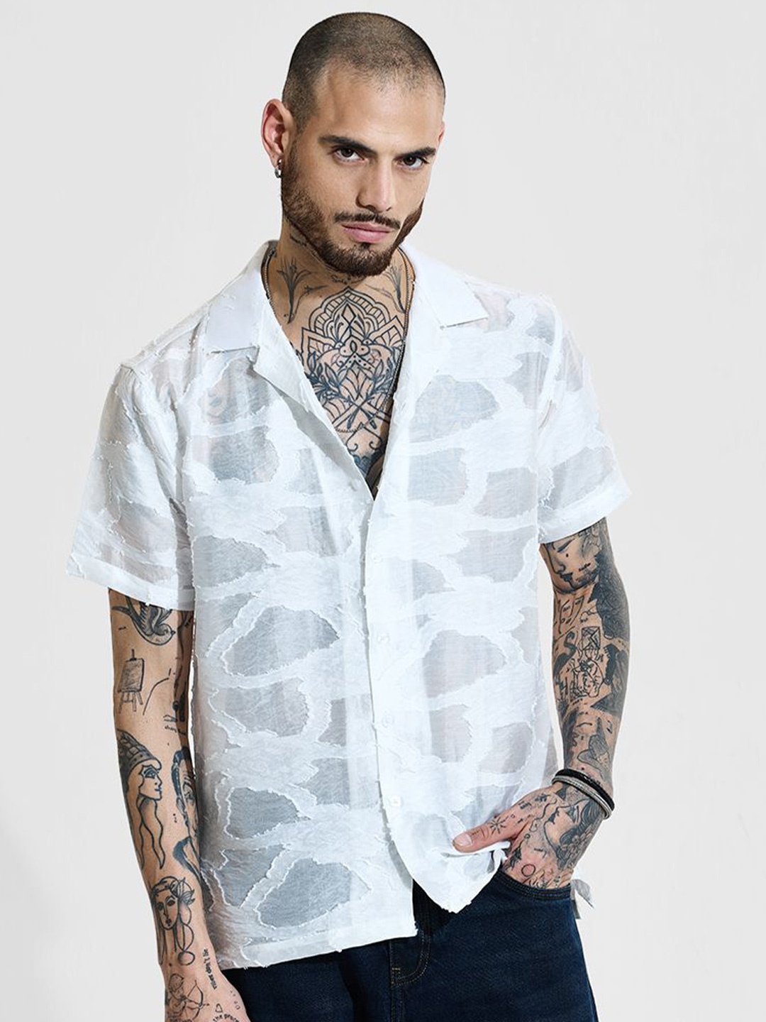 

Snitch Men Cuban Collar Textured Casual Shirt, White