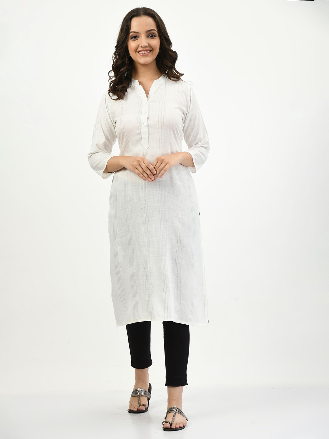 

MAURYA Striped Mandarin Collar Cotton Straight Kurta, White