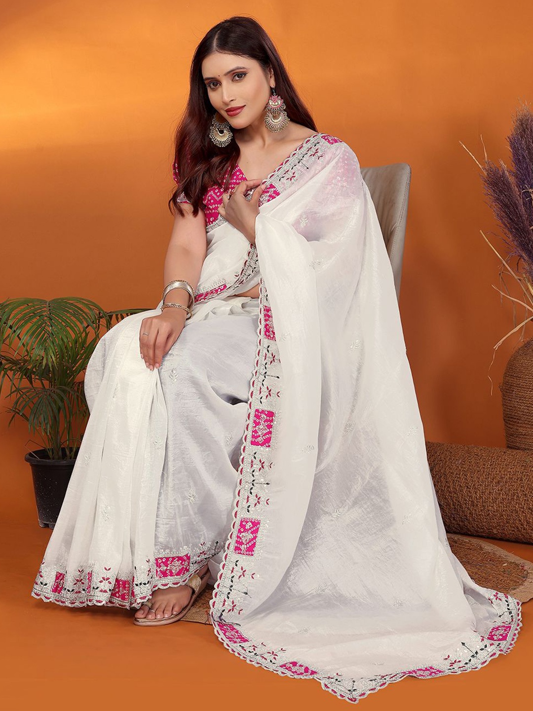 

FABMORA Embellished Patchwork Organza Saree, White