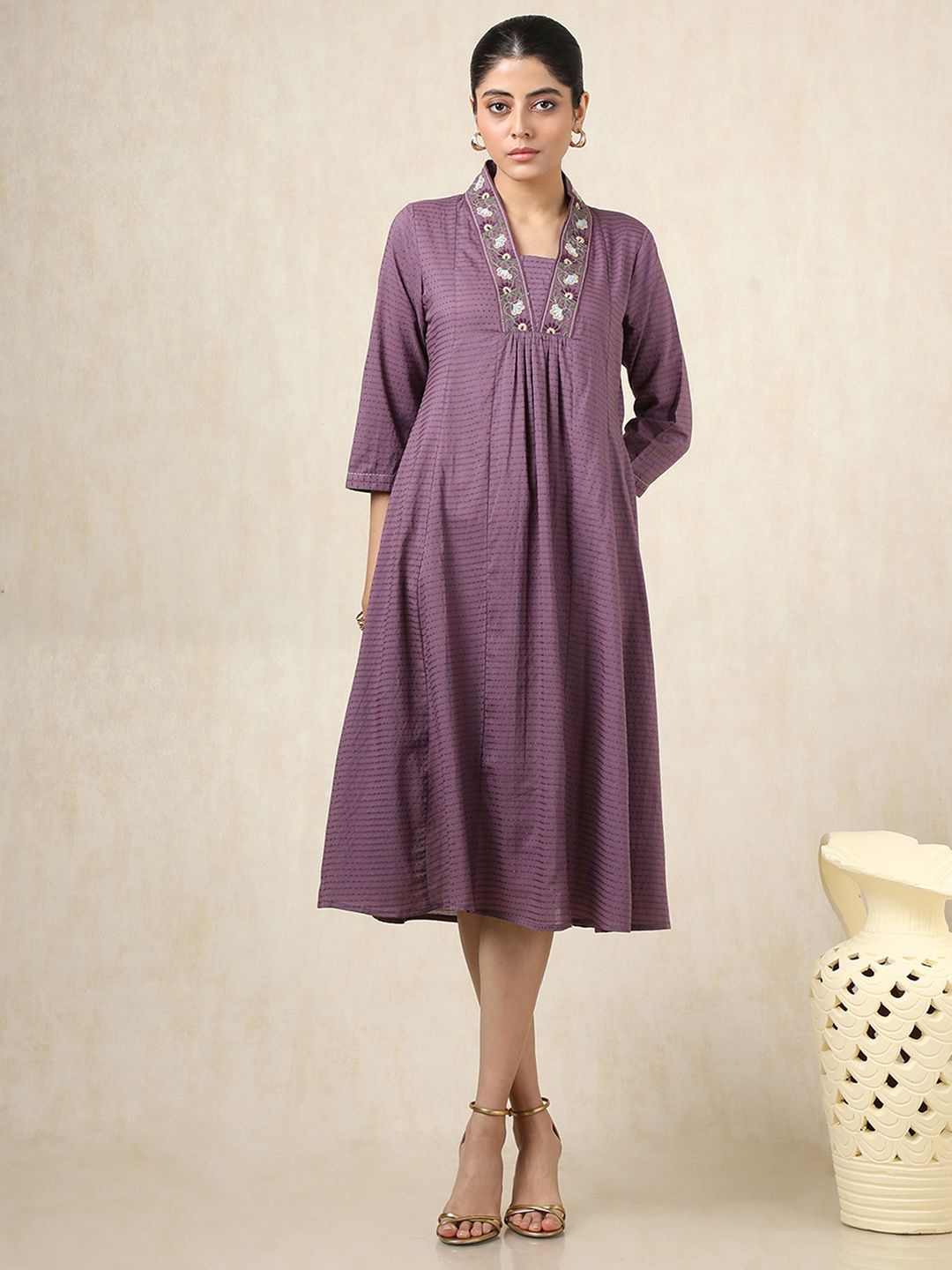 

Soch Women Cotton Dobby A-Line Midi Dress With Thread Work, Purple