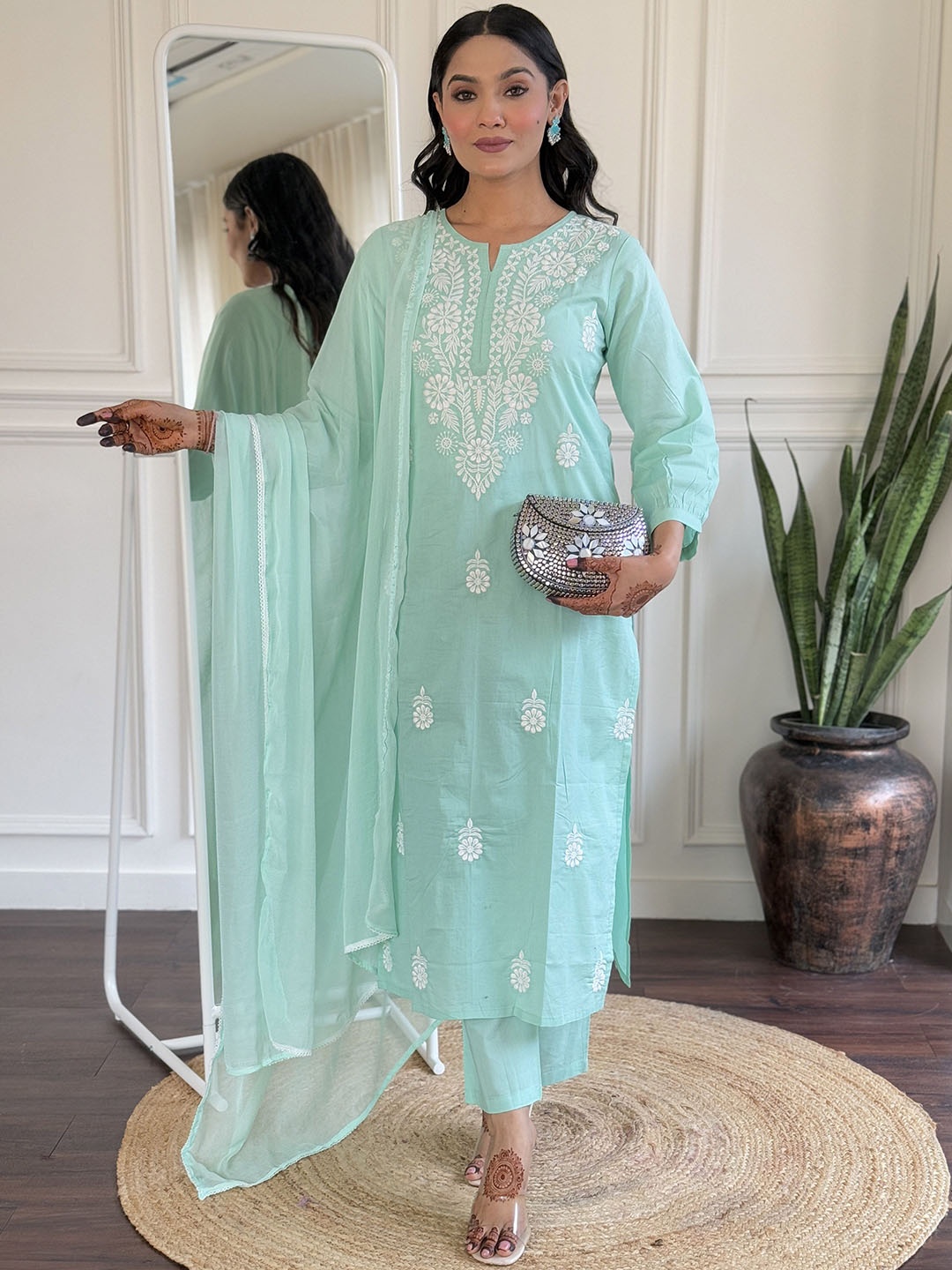 

KALINI Floral Embroidered Chikankari Pure Cotton Straight Kurta with Trousers & Dupatta, Sea green