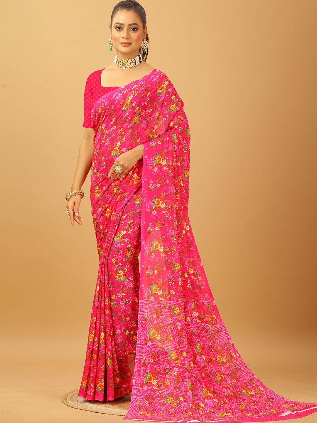 

VIRENDRA TEXTILES Floral Pure Georgette Saree, Pink