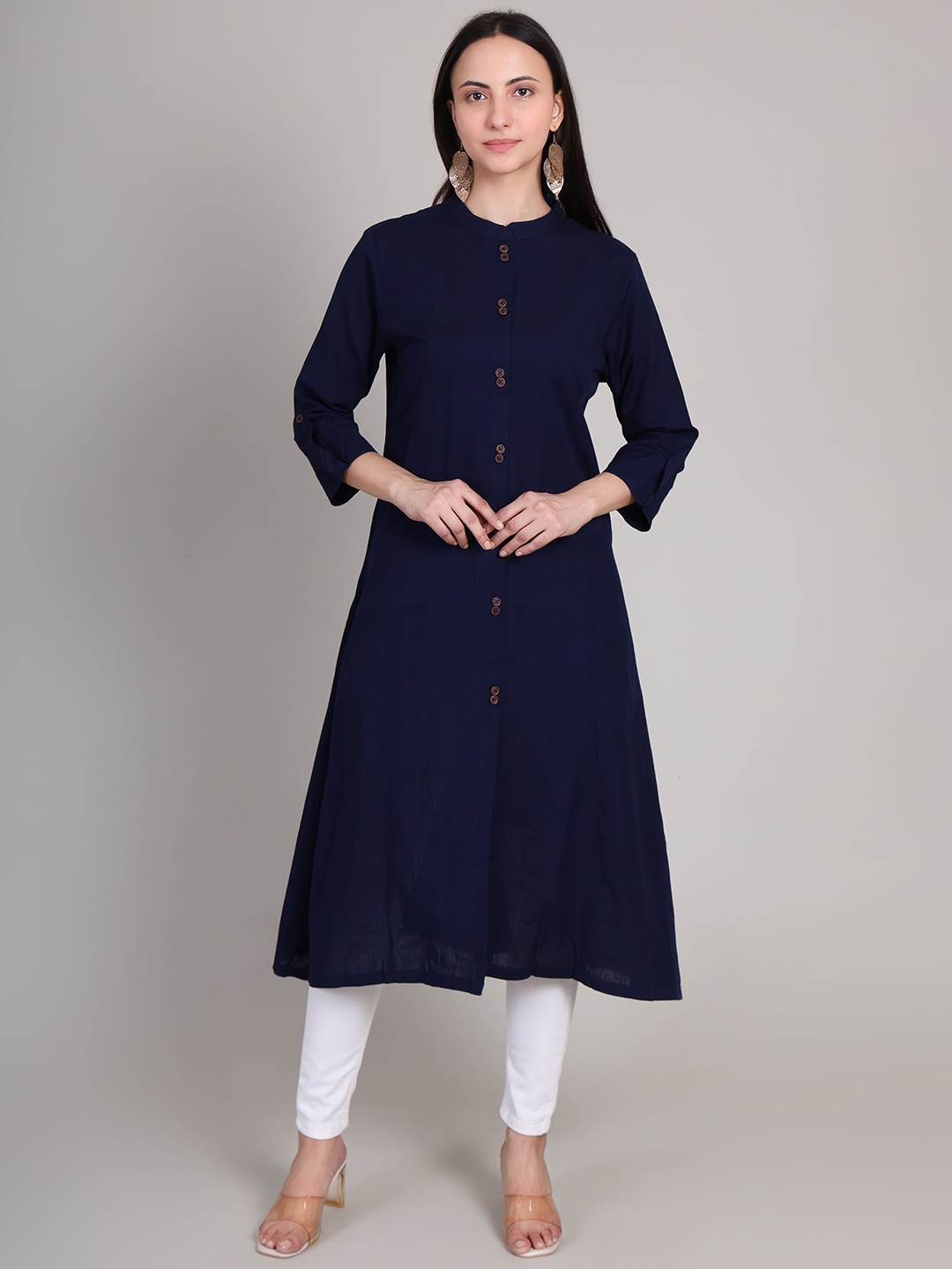 

DELIS Mandarin Collar Linen A-Line Kurta, Navy blue