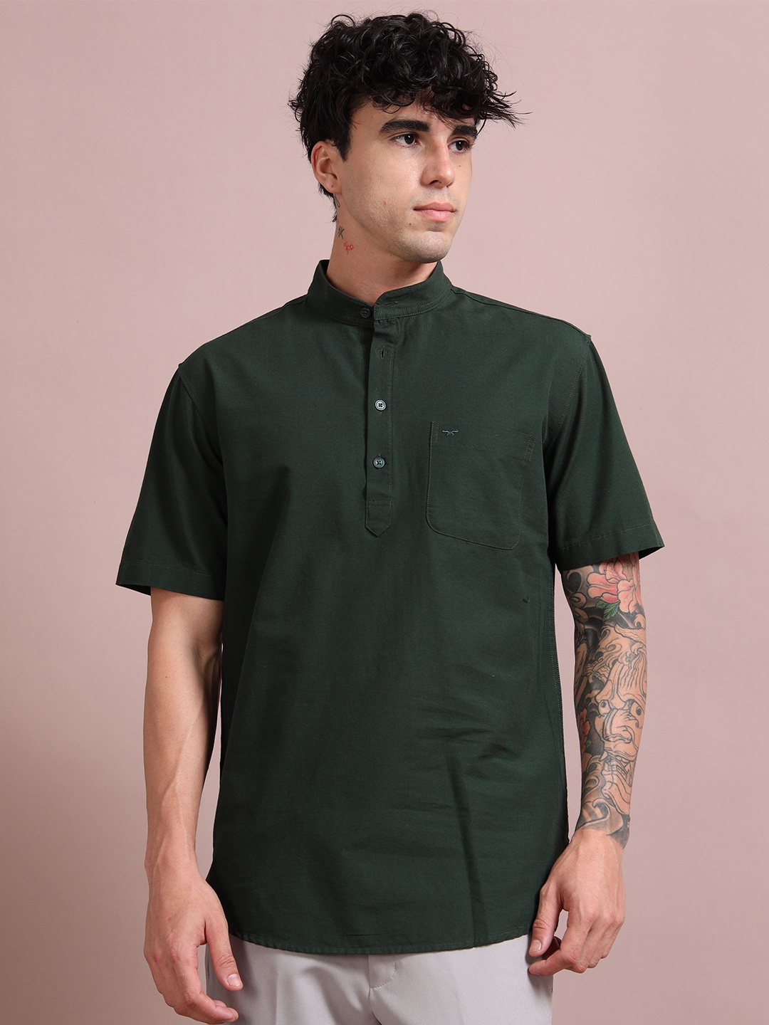 

RIGS AND RAGS Men Classic Fit Mandarin Collar Solid Linen Casual Shirt, Green