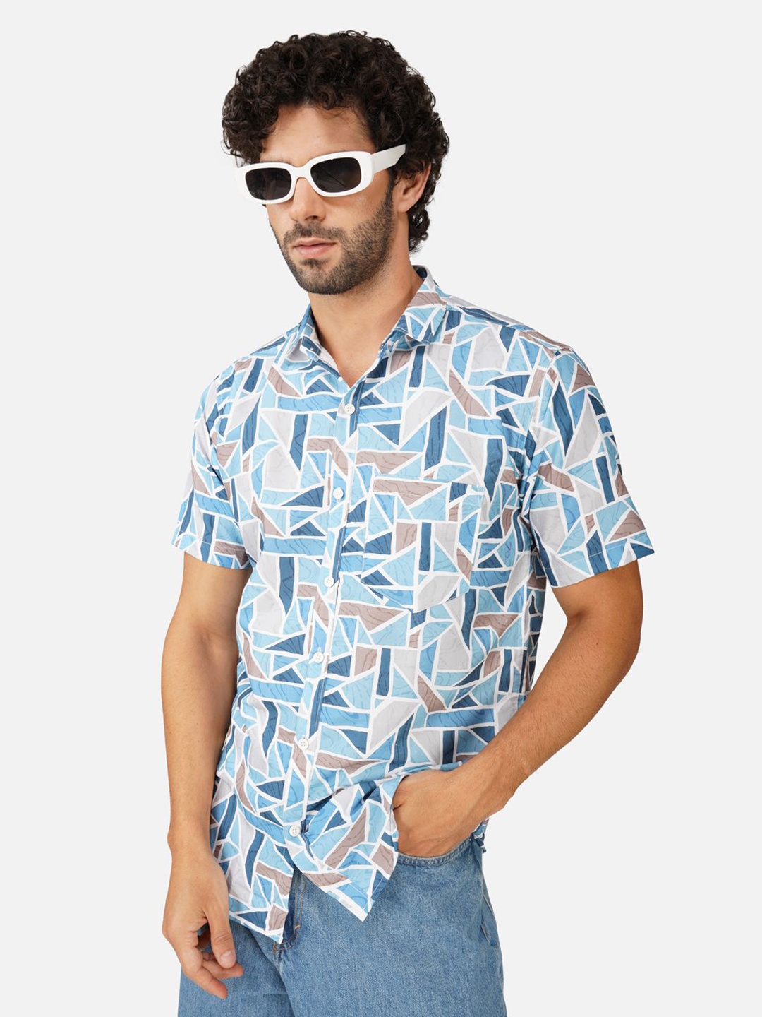 

BASE 41 Men Spread Collar Geometric Printed Casual Shirt, Blue