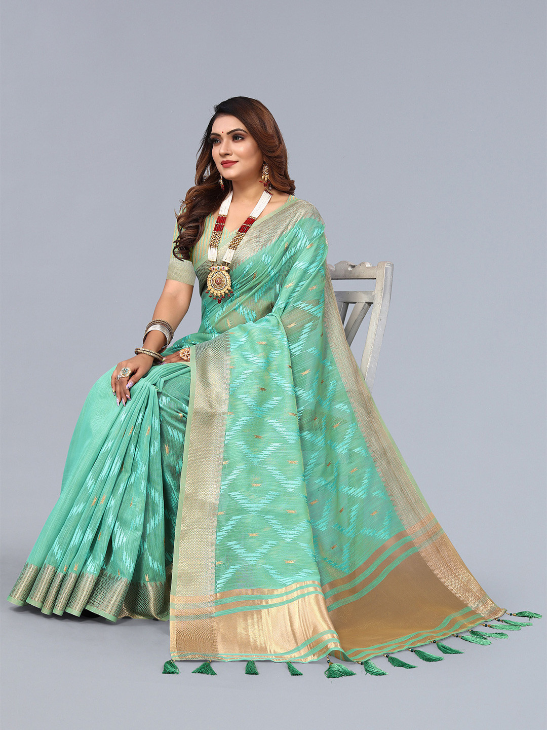 

VIRENDRA TEXTILES Woven Design Zari Pure Cotton Saree, Sea green