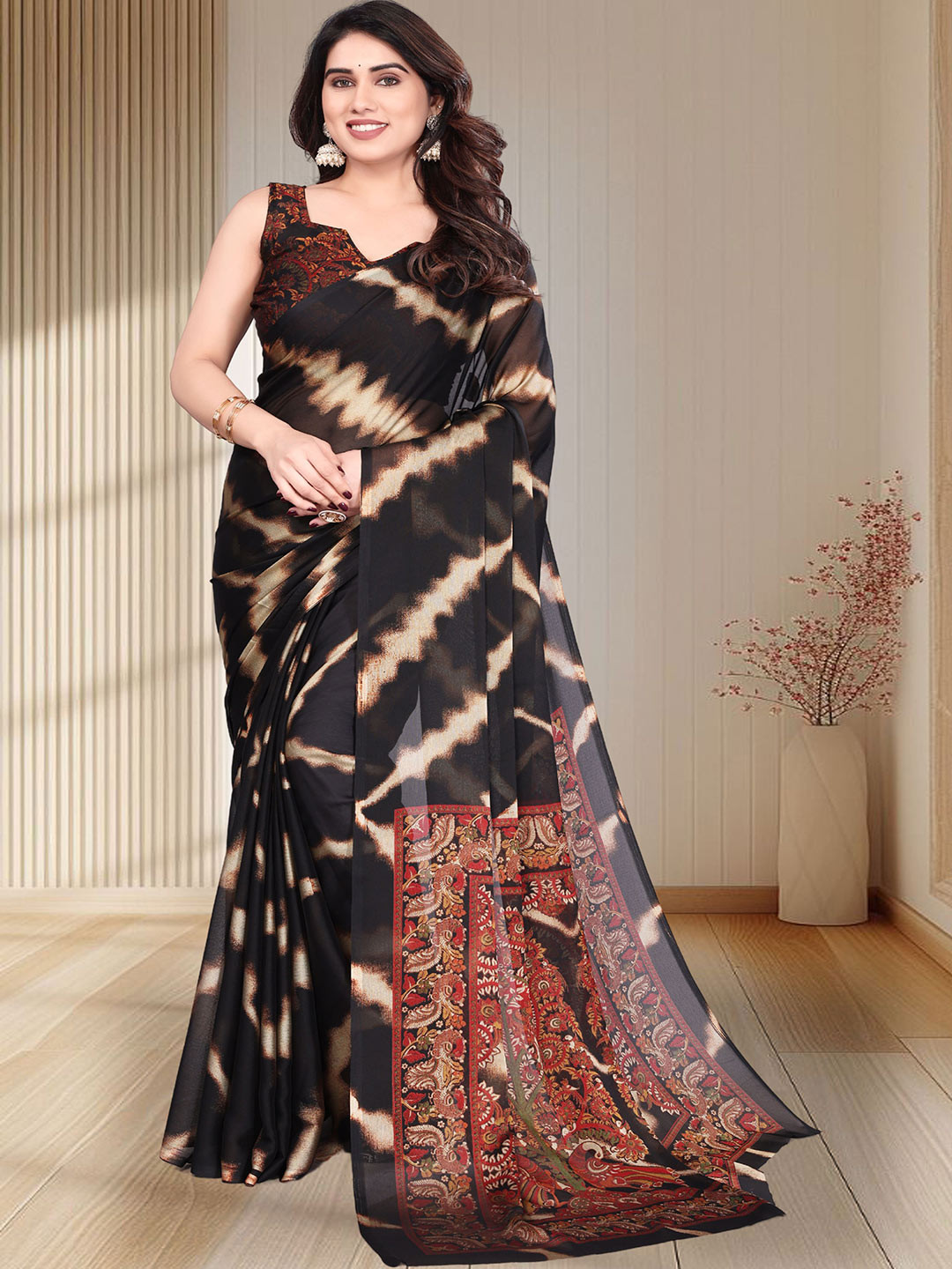 

MAGNEITTA Striped Pure Chiffon Saree, Black