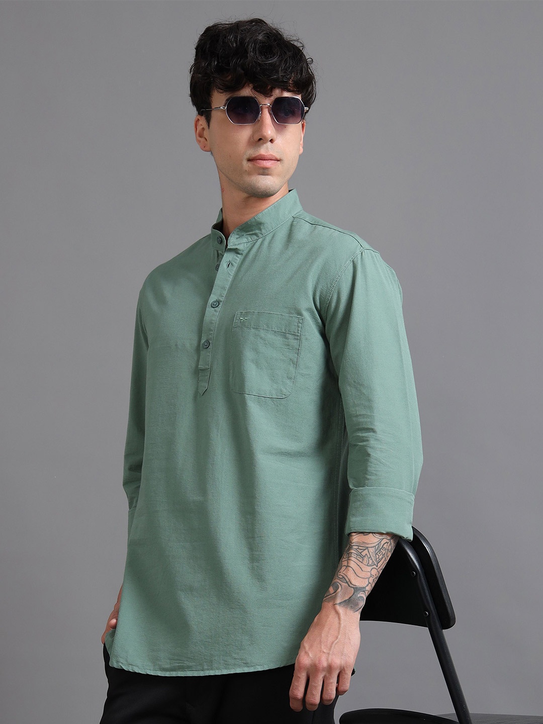 

RIGS AND RAGS Men Classic Fit Mandarin Collar Solid Linen Casual Shirt, Sea green