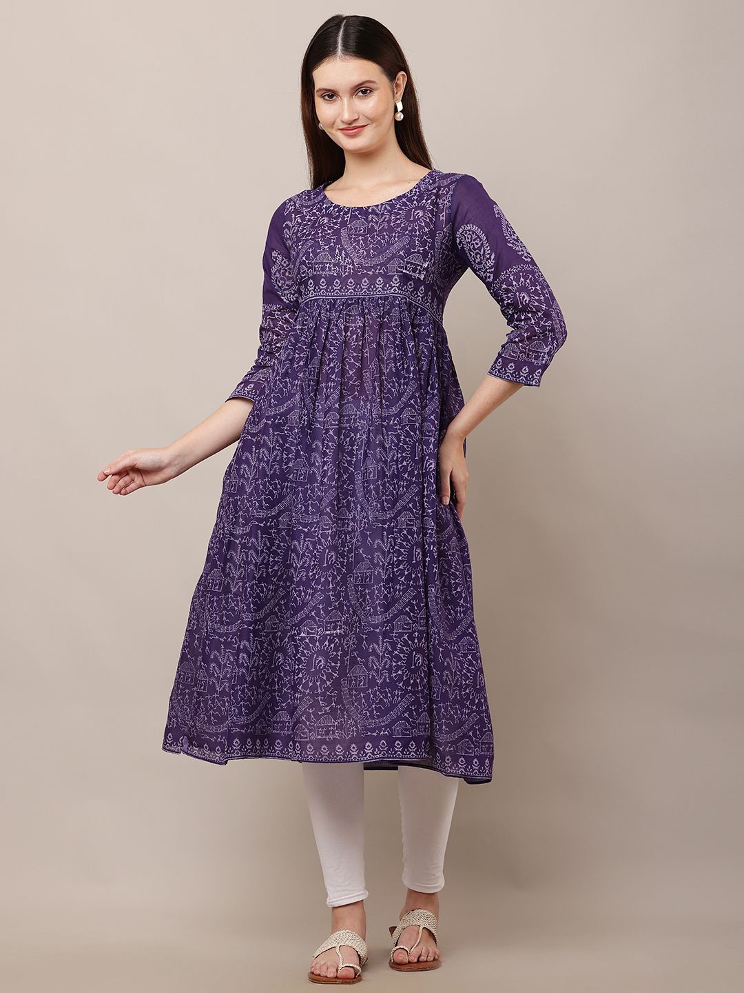 

DEGE Floral Printed Pleated Round Neck Pure Cotton Anarkali Kurta, Purple