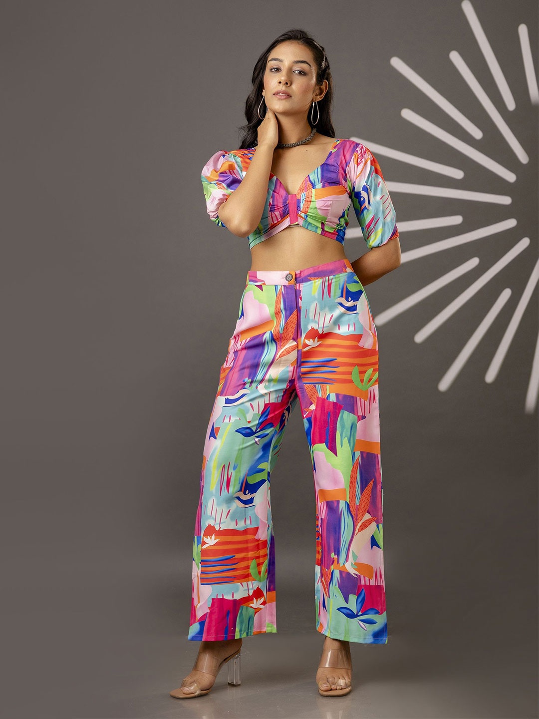 

BEYOND ETHNIC Printed V-Neck Top With Trousers, Pink