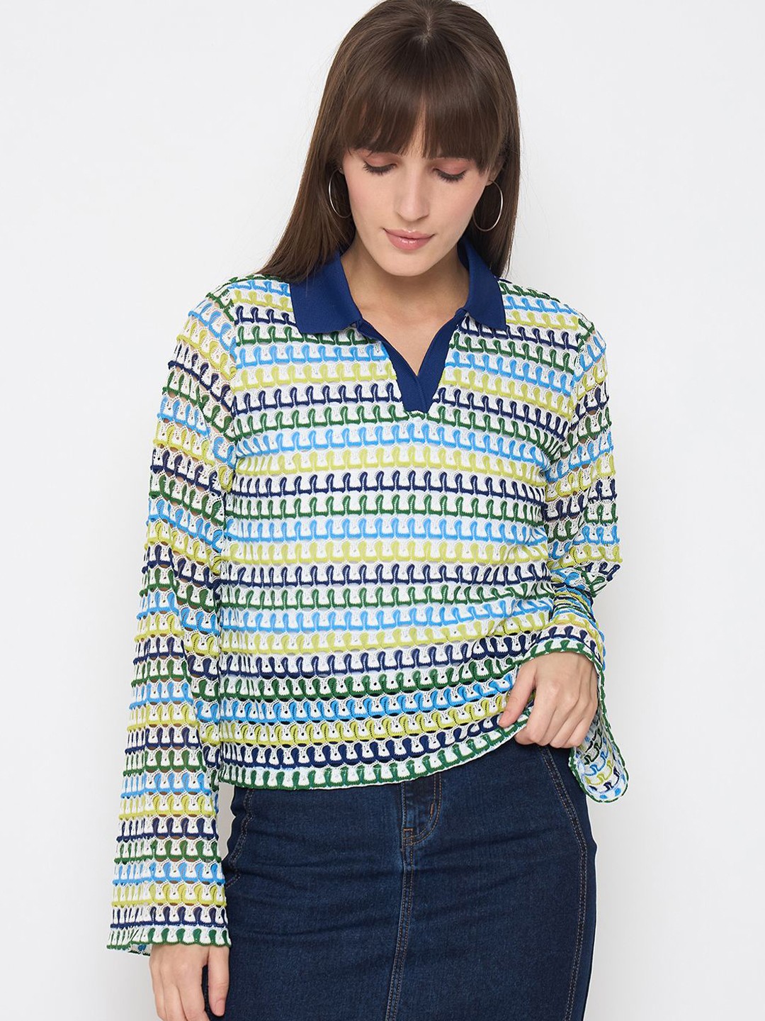 

Madame Women Shirt Collar Long Sleeves Top, Blue