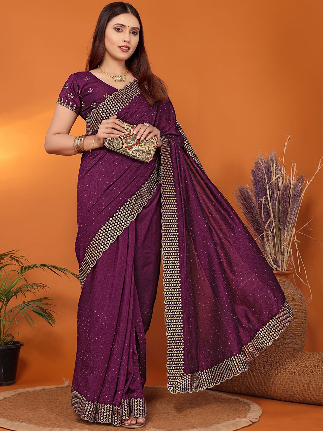 

FABMORA Embellished Embroidered Silk Blend Saree, Purple