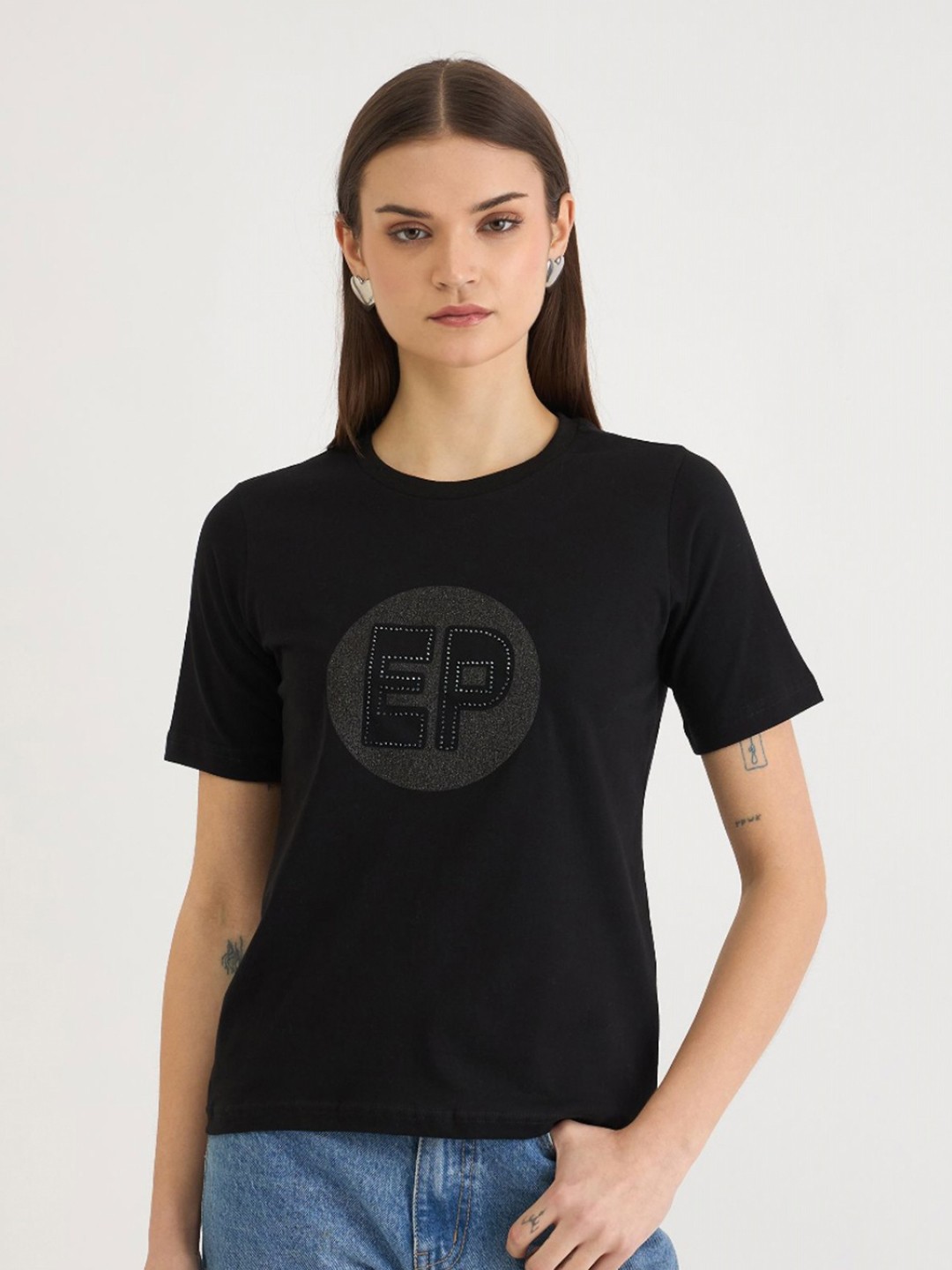 

ELLE Women Typography Printed Pure Cotton T-shirt, Black