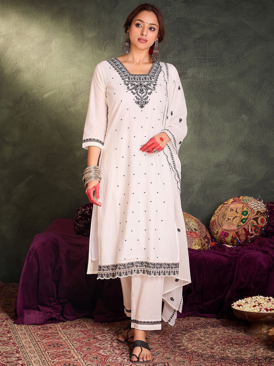 

Indo Era Floral Embroidered Thread Work Pure Cotton Kurta With Trousers & Dupatta, White