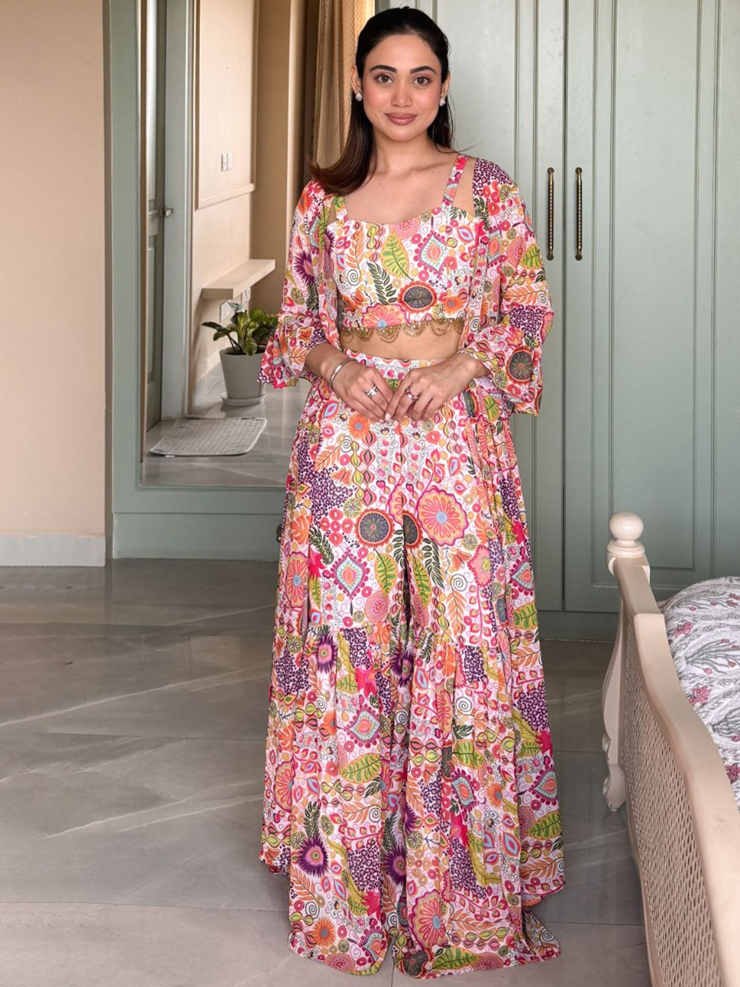 

LABEL KANUPRIYA Floral Printed Shoulder Straps Top & Sharara With Jacket, Off white