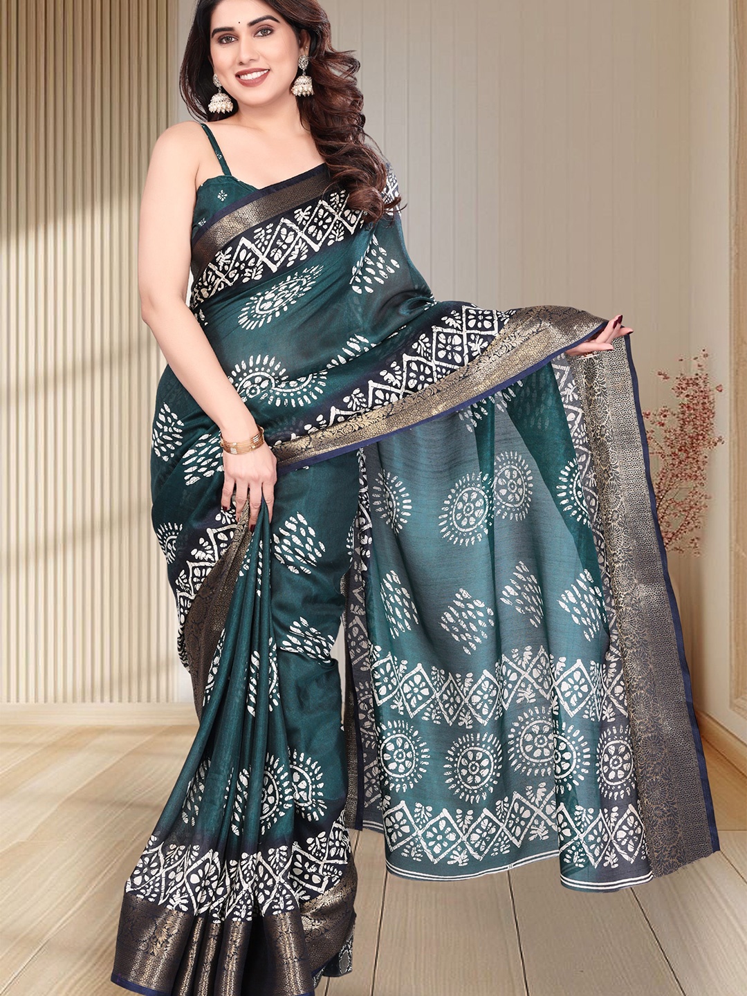 

SUPERLAXMI Batik Zari Silk Blend Jamdani Saree, Teal