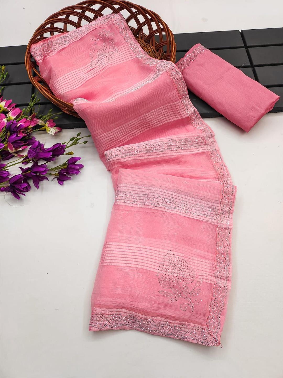 

KEERAT FASHION Embellished Beads and Stones Saree, Pink