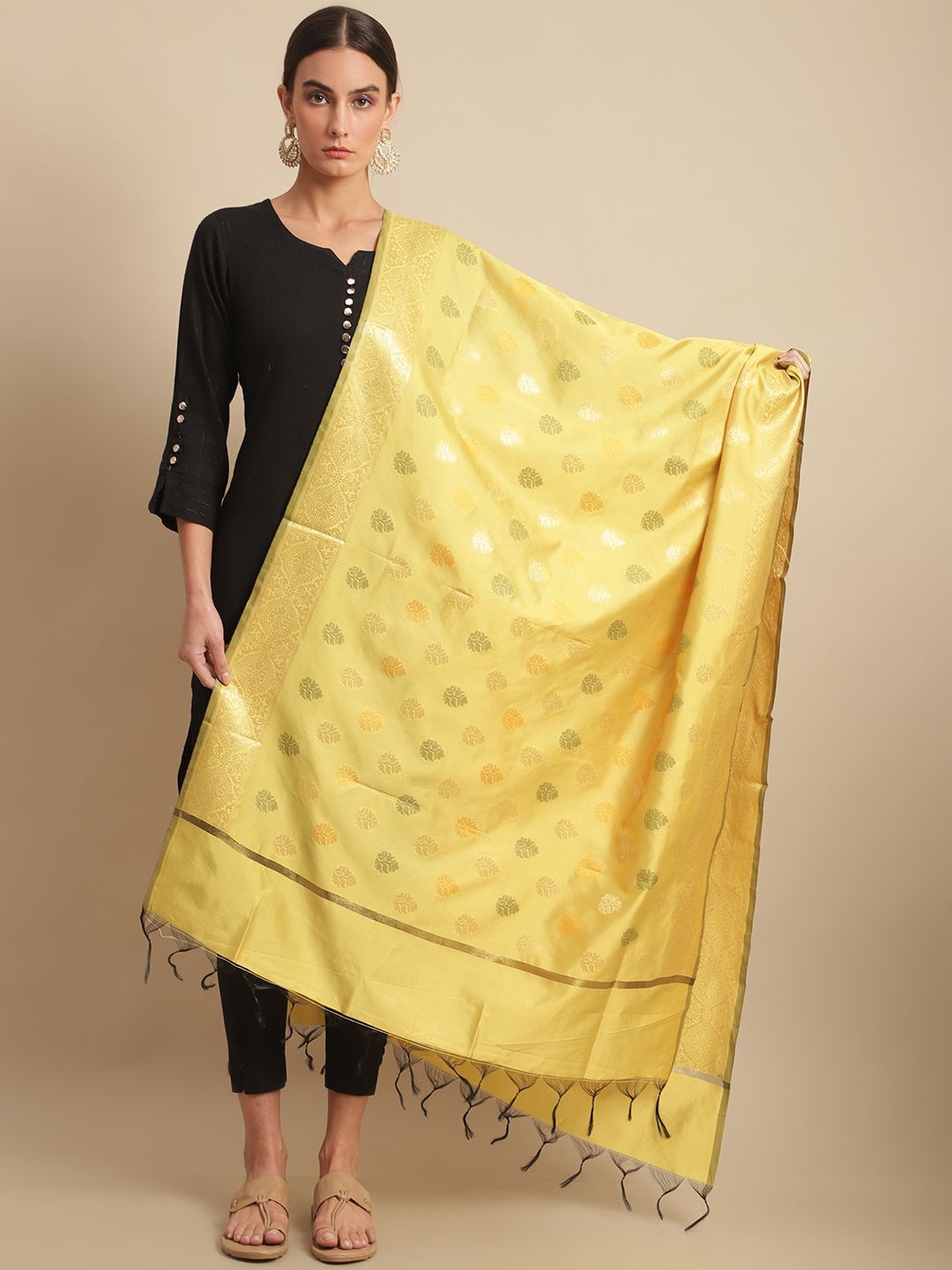 

LOOM LEGACY Ethnic Motifs Woven Design Cotton Silk Dupatta, Yellow