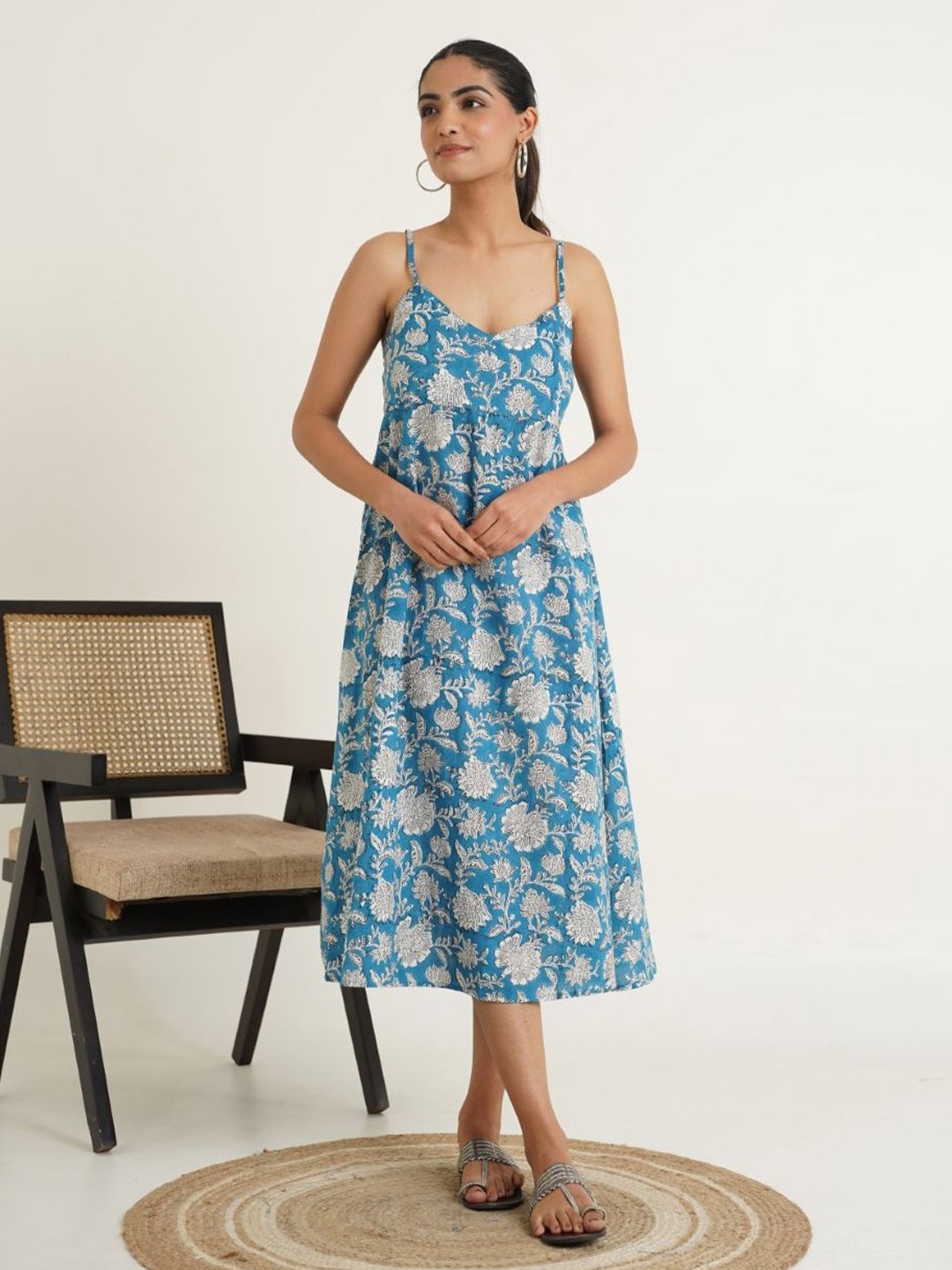 

GOODHAND Women Cotton Floral Printed Shoulder Straps A-Line Midi Dress, Blue